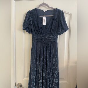 Velvet maxi dress. Blue with floral detail. Brand new! Never worn.
